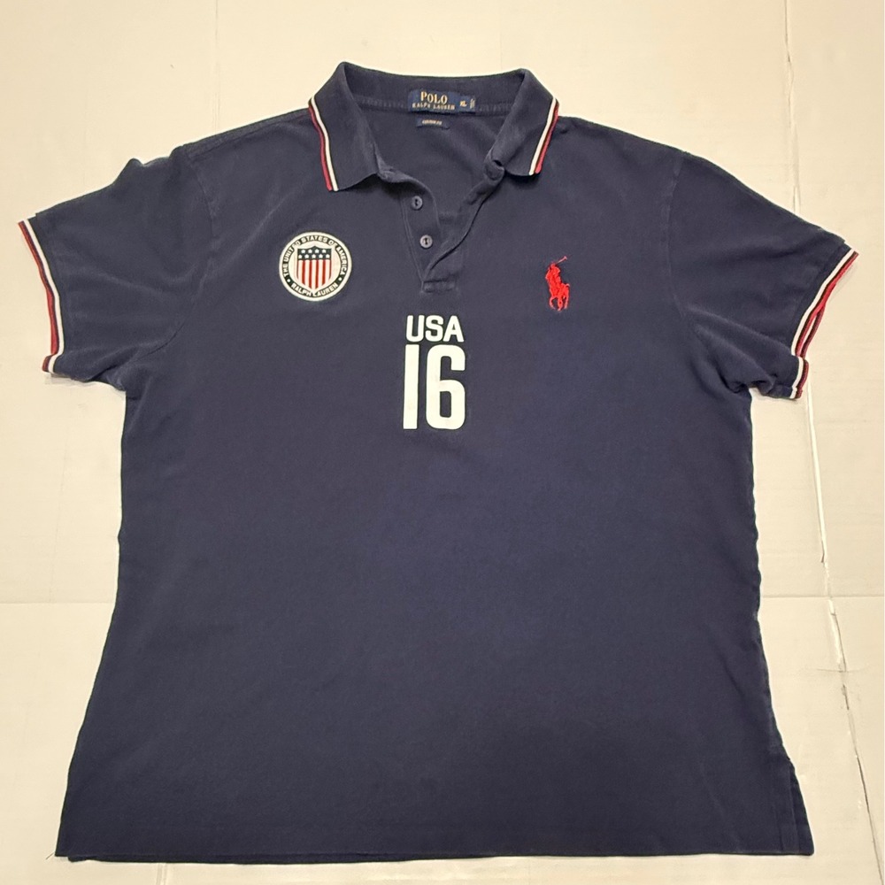 Polo Ralph Lauren Mens XL Custom Fit USA 16 Navy Blue Polo Shirt American Flag
